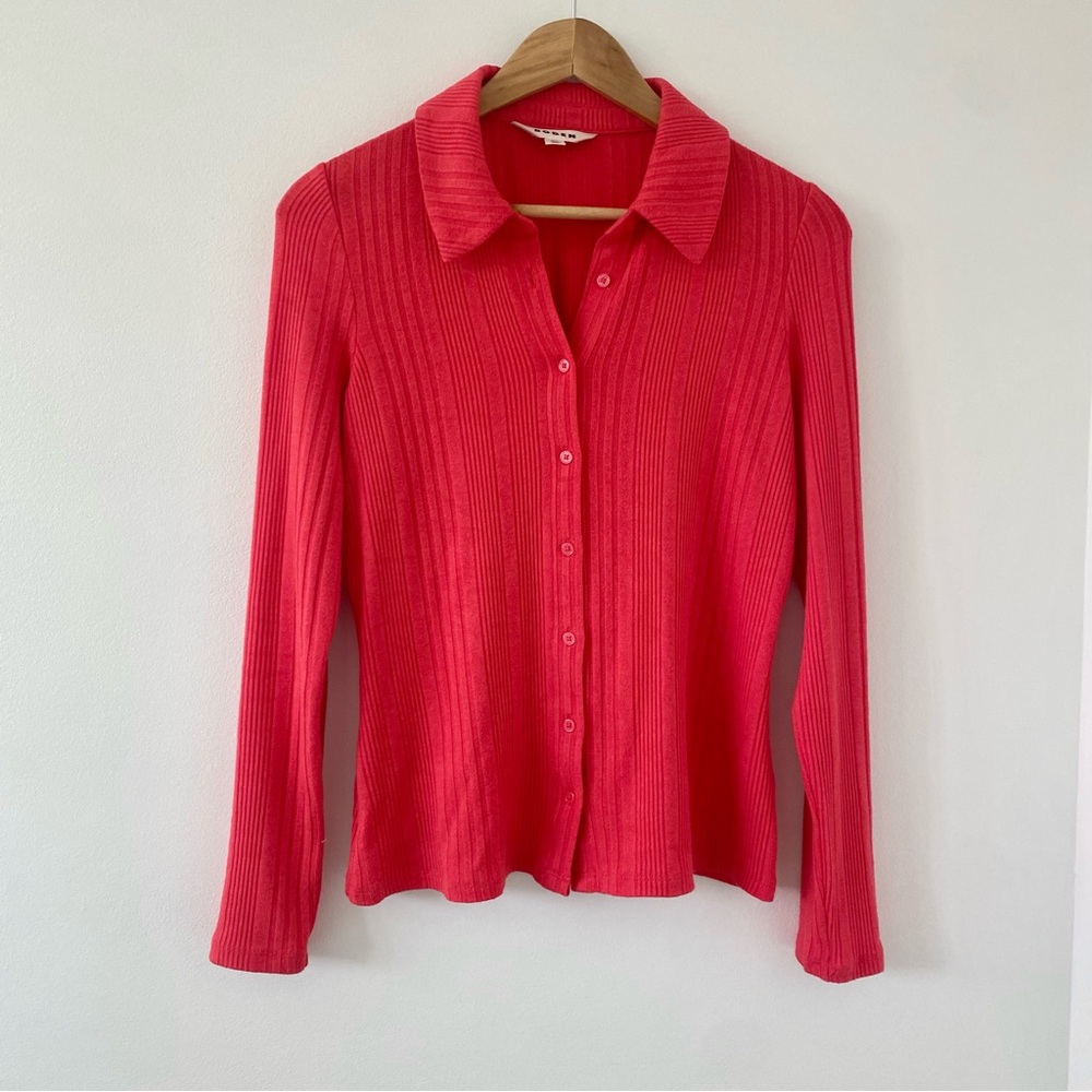 Boden Button Through Collared Rib Knit Cardigan Sweater Vibrant Bright Red Pink